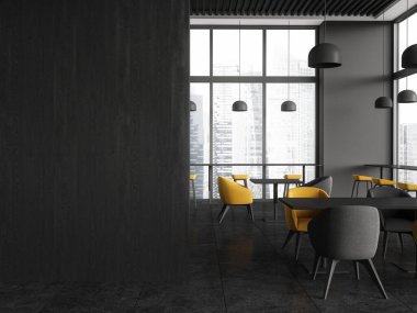 Gri ve ahşap duvarları olan şık bir restoran, koyu fayanslı zemin, renkli sandalyeli rahat kare ve dikdörtgen masalar ve uzun tabureli masalar. Soldaki boş duvar. 3d oluşturma