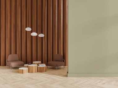 İki koltuk ve dekoratif sehpası, ahşap duvarı ve ahşap zemini olan şık bir ev oturma odası. Model kopyalama alanı boş yeşil duvar bölümü. 3B görüntüleme