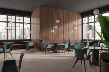 Koyu ahşap restoranın içinde koltukları ve yan manzaralı yuvarlak masaları var. Mobilyaları ve bitkileri olan şık bir kafe yemek köşesi. Kuala Lumpur 'un panoramik penceresi. 3B görüntüleme