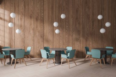 Mavi koltuklu, yuvarlak masalı, ahşap zeminli modern bir restoran. Minimalist mobilyaları ve lambaları olan lüks bir kafe. 3B görüntüleme