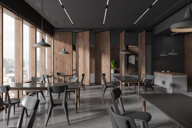 Karanlık kafeteryanın içinde sandalyeler ve sıra sıra yemek pişirme alanı ve bar tezgahı var. Kuala Lumpur 'daki panoramik pencereli iş binasında yemek odası. 3B görüntüleme