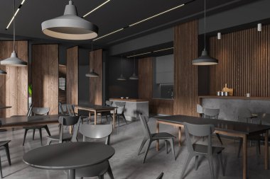 Ofis kafeteryasında sandalye ve masa var. Bar tezgahı ve mutfağı olan yan manzaralı yemek köşesi. Minimalist mobilyaları olan karanlık bir kafe. 3B görüntüleme