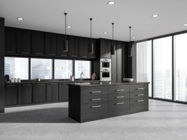 Modern tasarım ahşap mutfak, masa ve sandalyeler, ada barı, manzaralı pencere ve gün ışığı. 3B görüntüleme.