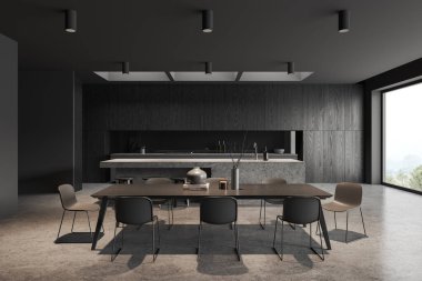 Gri duvarları, beton zemini, koyu ahşap dolapları ve dolapları, devasa taş adaları ve sandalyeli uzun yemek masası olan şık bir mutfak. 3d oluşturma