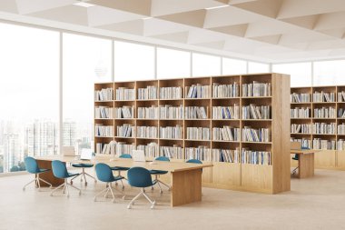 Kütüphanenin iç koltukları ve dizüstü bilgisayarın köşesi, bej beton zeminde ahşap kitaplıklar. Kuala Lumpur 'daki panoramik pencereyle birlikte öğrenme ve çalışma alanı. 3B görüntüleme