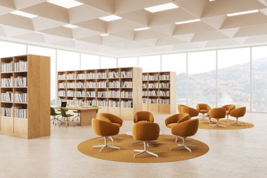 Panoramik pencereli modern kütüphane okuma odasının, sıra sıra kitaplıkların, yeşil sandalyeli ve dizüstü bilgisayarlı uzun masanın ve sarı koltuklu ve yuvarlak masalı dinlenme odasının içi. 3d oluşturma