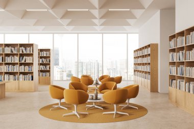 Şık bir kütüphane ya da kitapçı iç dekorasyonu, rahat koltuklar ve kahve masası olan bir yer. Kuala Lumpur 'un panoramik penceresi. 3B görüntüleme