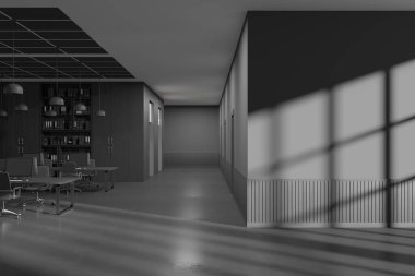 Gri ve koyu ahşap duvarları, beton zemini, gri sandalyeli rahat bilgisayar masaları, kitaplık ve sağında boş fotokopi duvarı olan şık bir açık uzay ofisi. 3d oluşturma