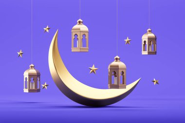 Ay manzarası, yıldızlar ve mavi arka plan üzerinde Ramazan lambaları. Ramazan ve geleneksel İslami dekorasyon kavramı. 3d oluşturma