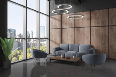 Gri ve ahşap duvarları, rahat gri koltuğu ve kahve masası ve panoramik pencerenin yanında duran iki koltuğu olan şık ofis bekleme odasının içinde. 3d oluşturma