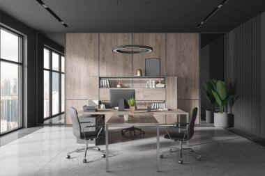 Çalışma masasında bilgisayar, koltuklar, gri kiremit beton zemin. Kuala Lumpur 'da panoramik pencereli minimalist danışma alanı ve raf. 3B görüntüleme