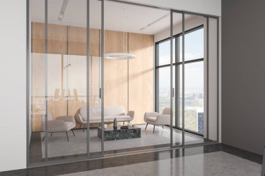 Beyaz ofis içi kanepe, koltuk, sehpa, cam kapılar ve gri beton zemin. New York manzaralı panoramik pencereli bir salon köşesi. 3B görüntüleme