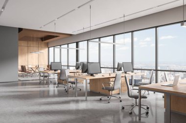 Birlikte çalışma ve toplantı köşesi, minimalist mobilyalar ve sıralı koltuklu bilgisayar ile modern iş iç mimarisi. New York 'ta panoramik pencereli bir açık uzay şirketi dairesi. 3B görüntüleme