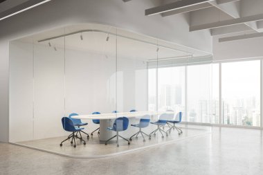 Mavi sandalyeler ve oval tahta, cam bölme ve beton zemin ile beyaz müzakere iç görünümü. Kuala Lumpur 'da panoramik pencereli kapalı toplantı ve danışma alanı. 3B görüntüleme