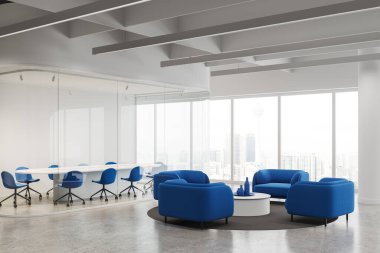 Beyaz ofis içi, konferans ve gevşeme bölgesi köşesi, sandalyeli ve oval tahtalı yan cam kutu. Kuala Lumpur 'un dinlenme alanı ve panoramik penceresi. 3B görüntüleme