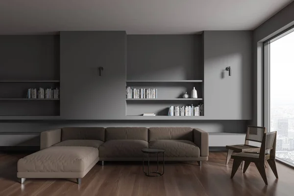 Interior Stylish Living Room Gray Walls Dark Wooden Floor Comfortable — Stock Photo, Image