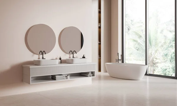 Ecke Des Modernen Badezimmers Mit Beigen Wänden Gefliestem Boden Weißer — Stockfoto