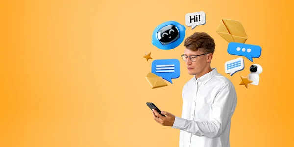 Podnikatel Pomocí Smartphonu Prázdném Barevném Pozadí Robot Komunikační Ikony Textovými — Stock fotografie
