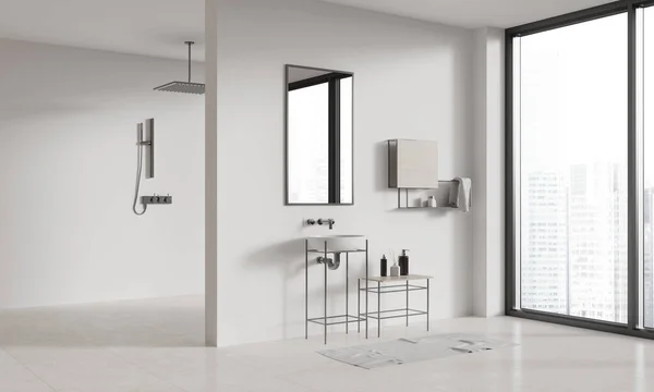 白色简约的家庭浴室内部 在隔板后面有水池和淋浴间 架子上有角落的浴室配件 摩天大楼上有全景窗 3D渲染 — 图库照片