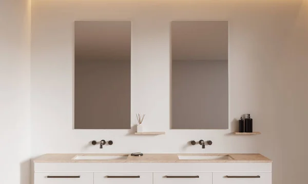 Interieur Modernes Badezimmer Mit Beigen Wänden Komfortablem Doppelwaschbecken Auf Weißer — Stockfoto