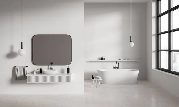 Interieur Van Moderne Badkamer Met Witte Muren Tegelvloer Gezellige Wastafel — Stockfoto