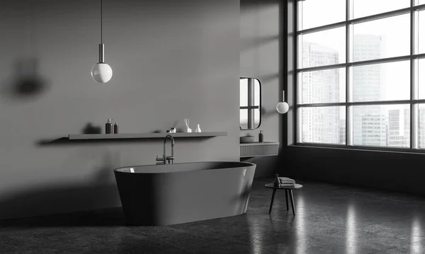 Dunkles Badezimmer Mit Badewanne Und Waschbecken Hinter Trennwand Seitenansicht Minimalistische — Stockfoto