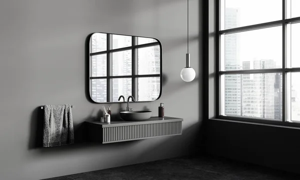Grijze Huis Badkamer Interieur Met Drijvende Wastafel Rechthoekige Spiegel Minimalistische — Stockfoto
