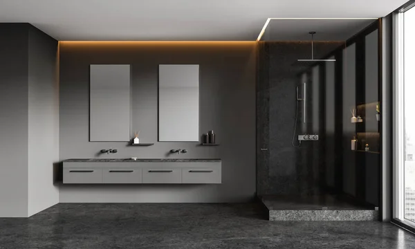 Šedý Moderní Domácí Koupelna Interiér Dvojitým Umyvadlem Marnivostí Skleněná Sprcha — Stock fotografie