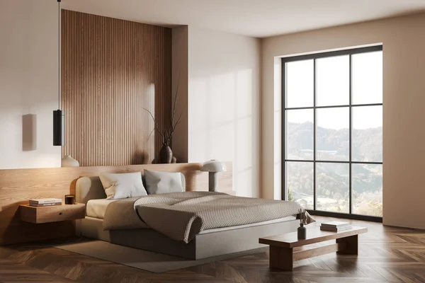 Corner Modern Bedroom Beige Wooden Walls Wooden Floor Comfortable King — Stock Photo, Image