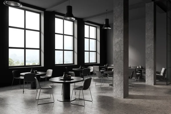 Esquina Elegante Cafetería Con Paredes Grises Suelo Piedra Oscura Columnas — Foto de Stock