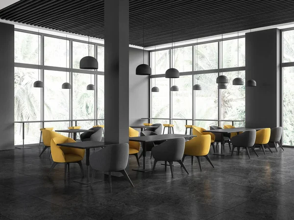 Hoekzicht Luxe Cafe Interieur Met Stoelen Tafel Rij Zijaanzicht Zwart — Stockfoto