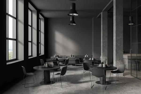 Interior Elegante Cafetería Con Paredes Grises Suelo Piedra Oscura Columnas — Foto de Stock