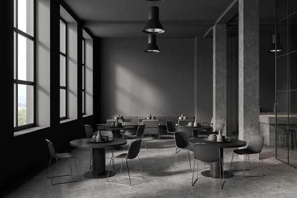 Interior of stylish cafe with gray walls, dark stone floor, columns, comfortable gray chairs and sofa standing near round and square tables. 3d rendering