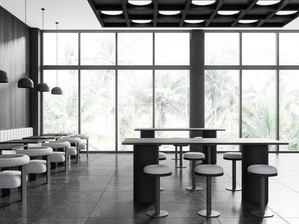 Interior Minimalista Restaurante Com Mesa Banquinho Fileira Piso Azulejos Concreto — Fotografia de Stock