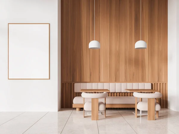 Wooden White Restaurant Interior Minimalist Seats Table Sofa Tile Concrete — Stock Photo, Image