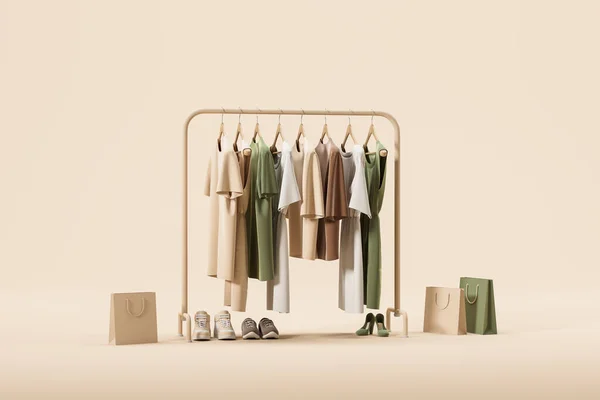 Minimalist rail with clothes on hangers in row, shoes with packages on the floor. Concept of online shopping, brand, showroom and order. 3D rendering illustration