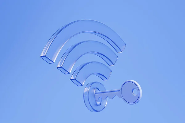 蓝色的Wifi符号 蓝色的键打开蓝色的背景 无线网络和个人数据保护的概念 3D渲染 — 图库照片