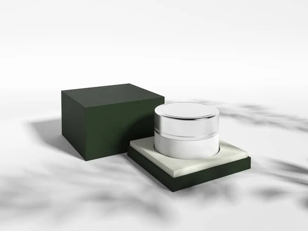 Zicht Ronde Witte Crème Pot Met Zilveren Dop Staande Groene — Stockfoto