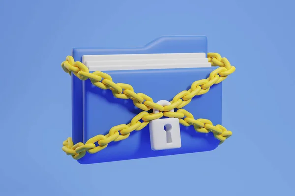 用链锁锁和锁锁锁住浅蓝色背景的蓝色文件夹视图 数据保护和网络安全的概念 3D渲染 — 图库照片