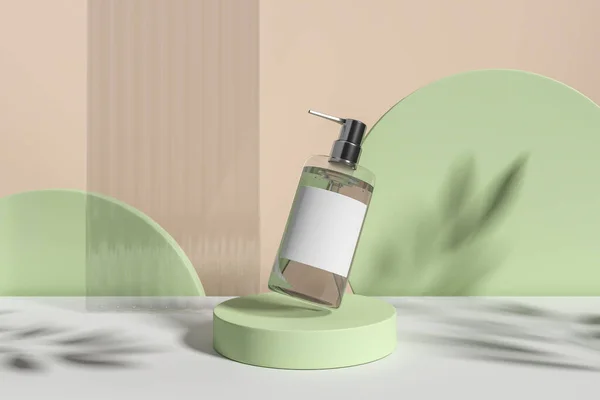 带喷雾器的飞行香皂瓶 绿色圆柱形讲台 抽象米色和绿色背景 化妆品和护肤的概念 产品展示的模型 3D渲染说明 — 图库照片