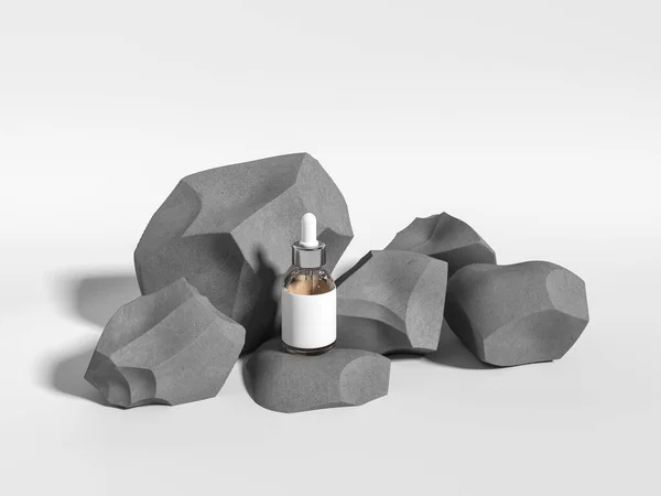 观看玻璃瓶与滴水机和精油与空白包装站在石头之上的白色背景 自我护理的概念 香水和化妆品 3D渲染 — 图库照片