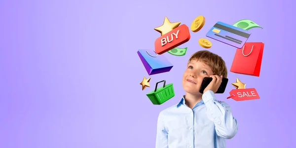 Dítě Snů Mluví Smartphonu Dívá Nahoru Internetové Bankovnictví Nákup Mince — Stock fotografie