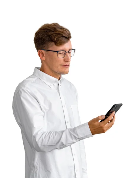 Businessman Eyeglasses Typing Phone Hands Smiling Portrait Isolated White Background — Stock Photo, Image