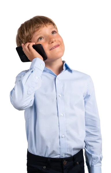 Smiling Boy Calling Phone Looking Dressed Blue Shirt Isolated White — Stock Photo, Image
