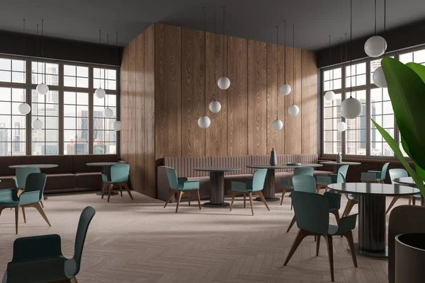深色木制餐厅内部与座位和圆形桌子排成一排 侧面观景 带家具和植物的时尚咖啡馆餐厅角落 吉隆坡的全景窗口3D渲染 — 图库照片