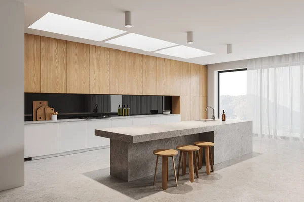 Casa Luxo Cozinha Interior Com Concreto Bar Ilha Vista Lateral — Fotografia de Stock