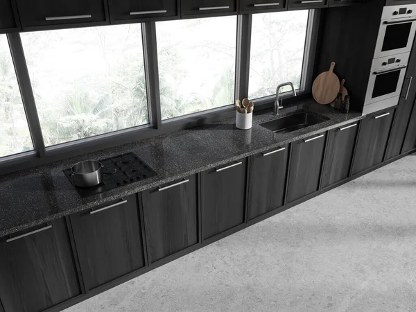 Vista Superior Cozinha Casa Escura Armário Interior Com Pia Fogão — Fotografia de Stock
