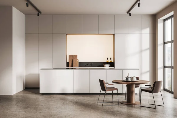 Interior Dari Dapur Modern Dengan Dinding Putih Lantai Beton Lemari — Stok Foto