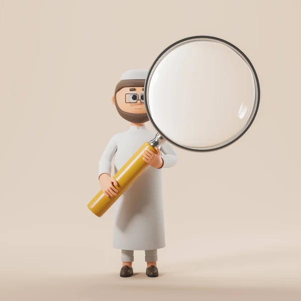 View Cartoon Middle Eastern Man Traditional Clothes Holding Big Magnifying — Stock Photo, Image