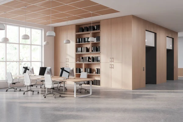Interieur Eines Modernen Großraumbüros Mit Weißen Und Hölzernen Wänden Bequemen — Stockfoto